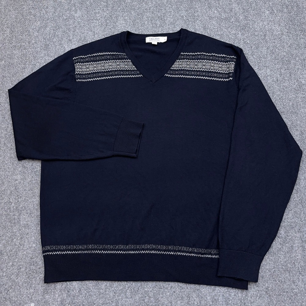 Calvin Klein Fair Isle Sweater Men's XL Navy Blue 100% Merino Wool V-Neck
